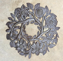 Small Floral Wreath Drum Sculpture Haitian Metal Art 14" X 14"